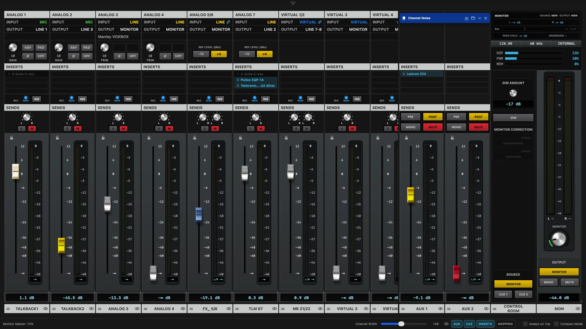 ConsoleMap's live Console view, showing input channels, insert slots, sends and the monitor section, mirroring UAD Console in real time.