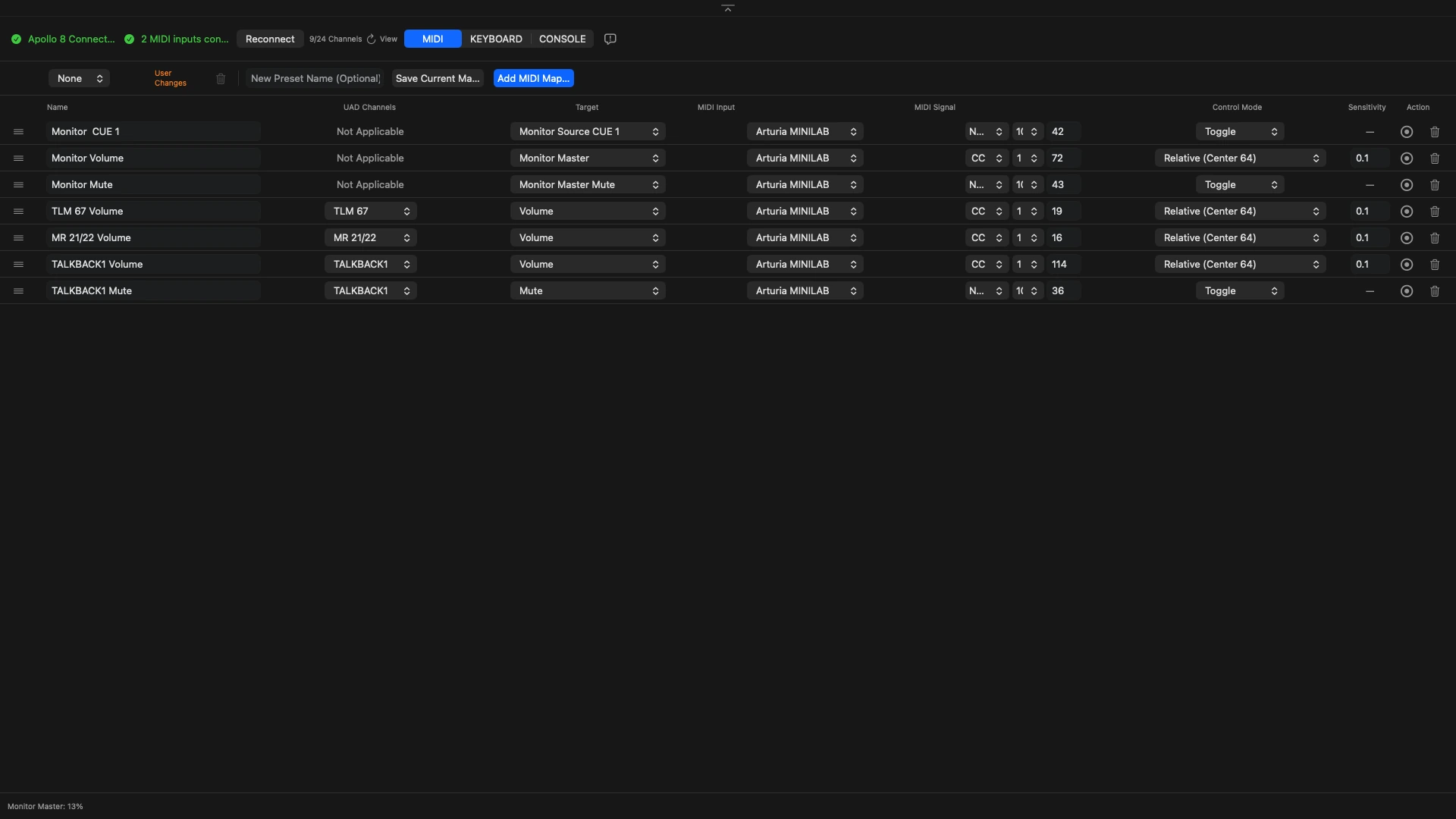 ConsoleMap MIDI mapping screen.